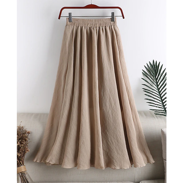 Women's Pleated Long Skirt Linen / Cotton Blend Black White Pink Blue ...
