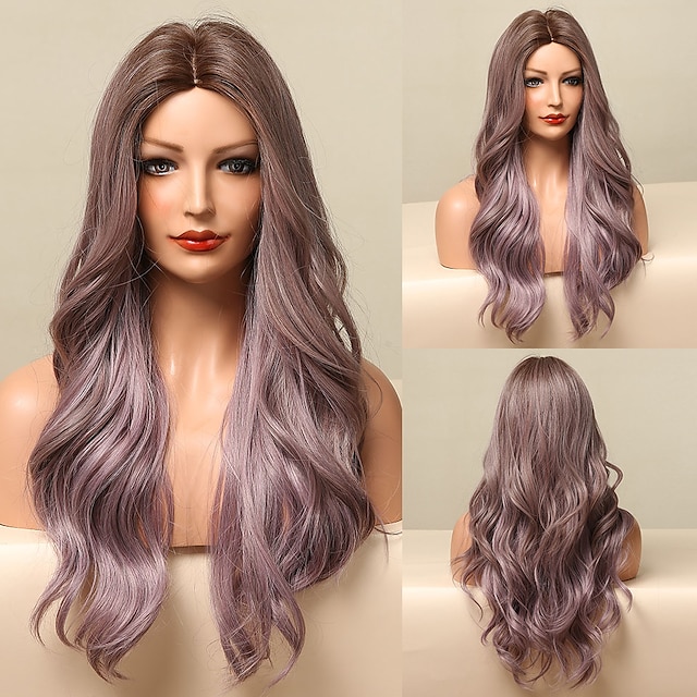  kostka na vlasy ombre hnědá fialová dlouhá vlnitá syntetická paruka pro ženy přírodní střední část cosplay party lolita žáruvzdorné vlasy