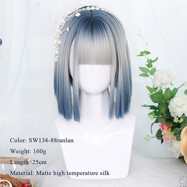  perucas de anime lolita curtas sintéticas com franja de ar para mulheres cabelo falso natural preto azul lolita peruca cosplay peruca de halloween