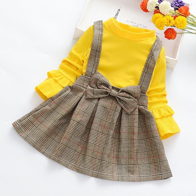 Baby & Kids Girls Clothing | Kids Girls T-shirt & Skirt 2 Pieces Long Sleeve Black Pink Yellow Plaid Bow Cotton Daily Active Swe