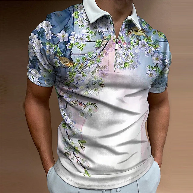 Men's Floral Hawaiian Polo Shirts Golf Shirt Short Sleeve Polo Shirts Collared Shirts Casual Beach Wear Vacation Wear Tropical Wear Party Outfits 3D Print Quarter Zip Polo Blue2
