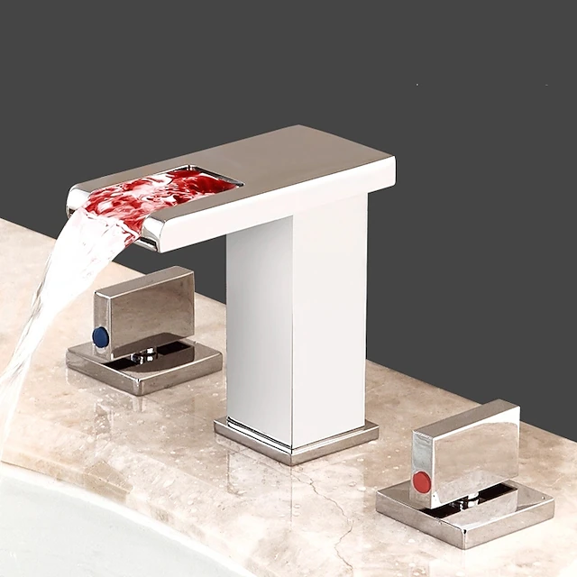 Waterfall Bathroom Sink Mixer Faucet LED Light Deck Mounted Brass, Widespread 2 Handle 3 Hole Washroom Basin Vessel Taps with Hot and Cold Water Hose 8