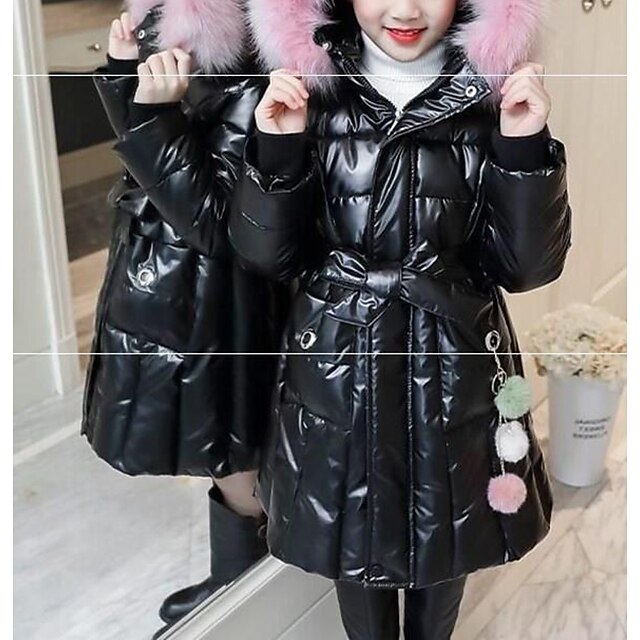 Baby & Kids Girls Clothing | Kids Girls Jacket & Coat Big red Black Pink Solid Color Fur Trim Winter Glossy 2-6 Years / Cute / C