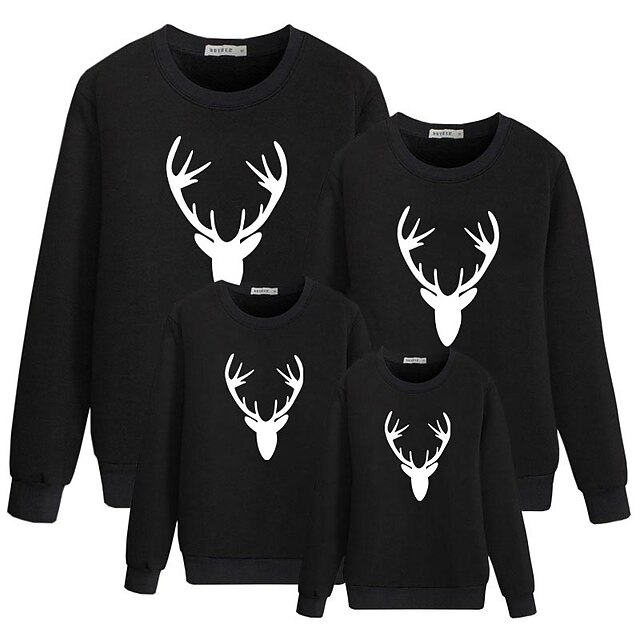 Baby & Kids Matching Outfits | Family Look Tops Sweatshirt Cotton Cartoon Deer Christmas Gifts Print Black Red Long Sleeve Basic