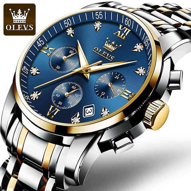  olevs luxusní hodinky pro muže chronograf svítící křemenné hodinky velký ciferník den datum kovové nerezové voděodolné náramkové hodinky módní stylové podnikání klasický vánoční dárek