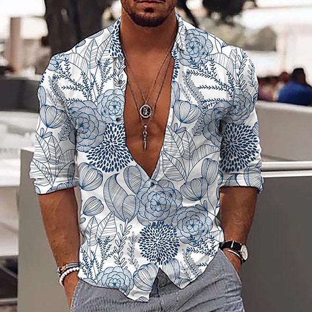  Men's Shirt Graphic Shirt Floral Collar Black Blue Brown 3D Print Outdoor Casual Long Sleeve 3D Print Button-Down Clothing Apparel Fashion Designer Casual Comfortable