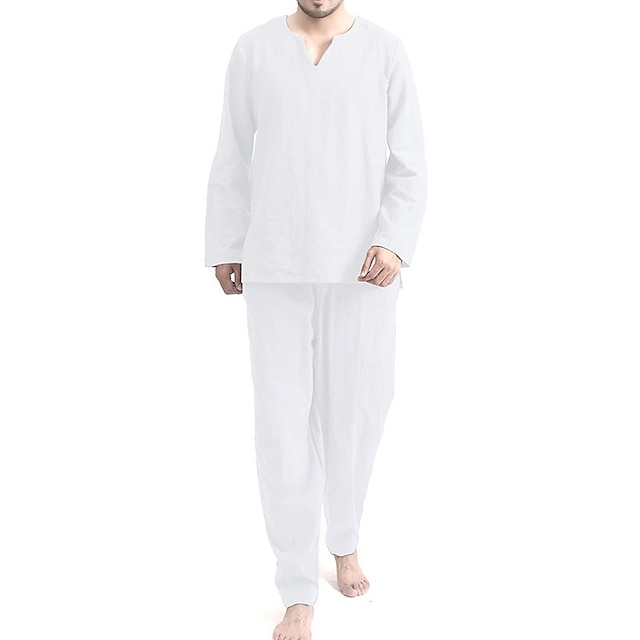  Men's Pajamas Sleepwear Pajama Top and Pant 2 Pieces Pure Color Casual Home Daily Cotton Blend Breathable Crew Neck Long Sleeve Pant Summer Spring White khaki