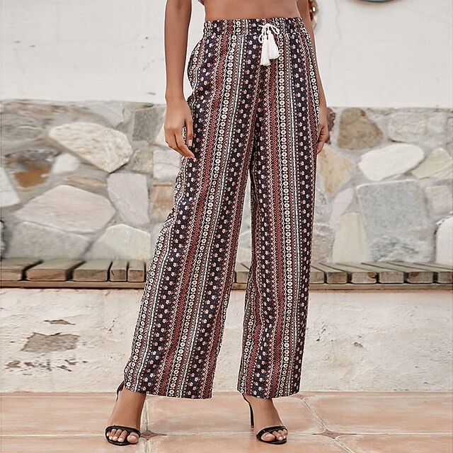 Womens Clothing Womens Bottoms | Womens Fashion Boho Chinos Slacks Wide Leg Drawstring Print Full Length Pants Casual Weekend St