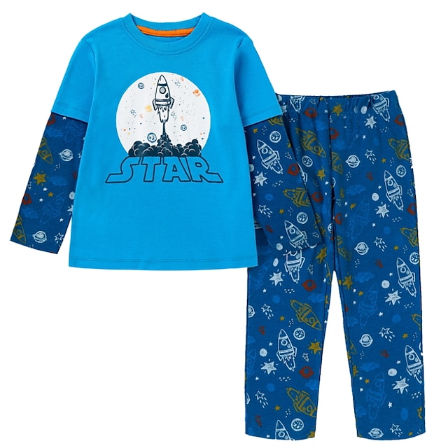 Baby & Kids Boys Clothing | Kids Boys T-shirt Set Clothing Set 2 Pieces Long Sleeve Blue Cartoon Galaxy Letter Print Cotton Casu