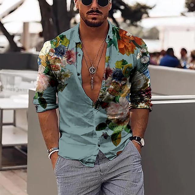  Men's Shirt Graphic Shirt Floral Collar Pink Blue Purple Green 3D Print Outdoor Street Long Sleeve Print Button-Down Clothing Apparel Fashion Designer Casual Breathable