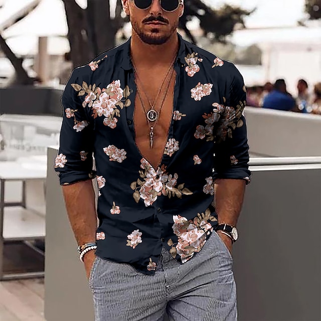  Men's Floral Shirt Long Sleeve Fashion Designer Casual Outdoor Daily Fall Winter Collar Print Button-Down Black Red Purple Green