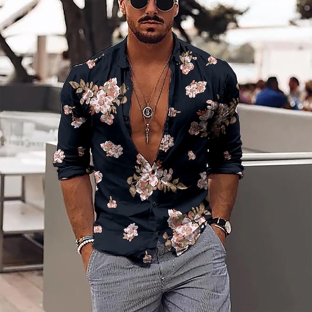  Homens Camisa Social Camisa Gráfica Floral Colarinho Preto Vermelho Roxo Verde Ao ar livre Rua Manga Longa Imprimir Botão para baixo Roupa Moda Designer Casual Respirável