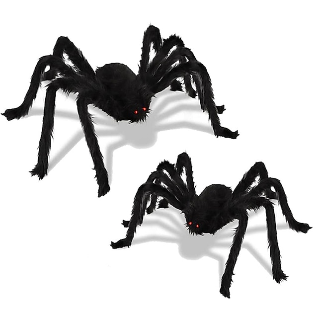  2 bucăți păianjeni de pluș de Halloween, păianjen artificial înfricoșător, negru, decorațiuni de Halloween, prop de groază, jucărie pentru copii, rechizite pentru petrecere