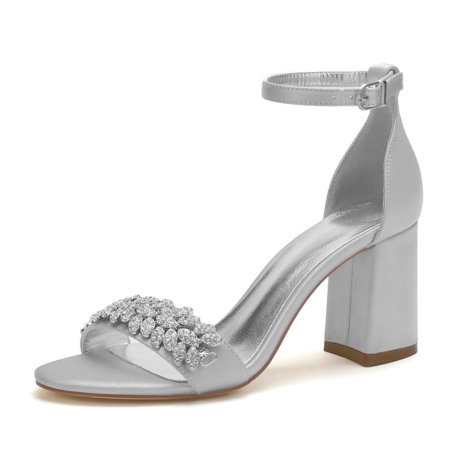 Women's Silver Satin Block Heel Sandals with Rhinestone Embellishments ...