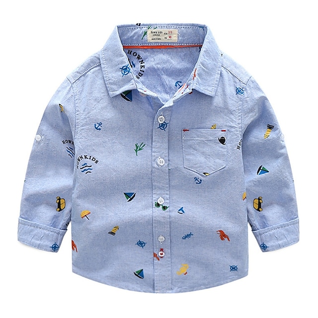 Baby & Kids Boys Clothing | Kids Boys Shirt Long Sleeve Cartoon Graphic Pocket White Light Blue Cotton Children Tops Fall Spring