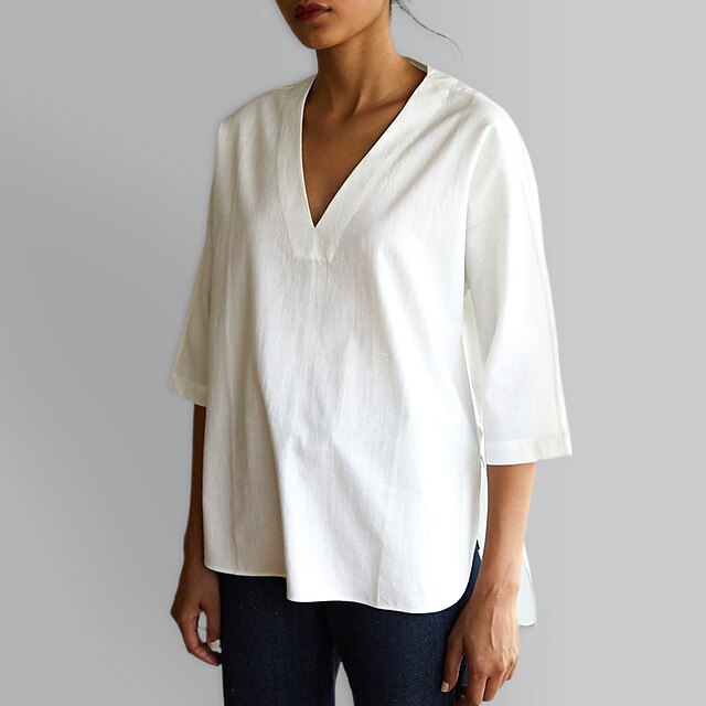  Women's Blouse Plain Daily Work Weekend Blouse Shirt 3/4 Length Sleeve V Neck Business Basic Essential Elegant White Pink Royal Blue S
