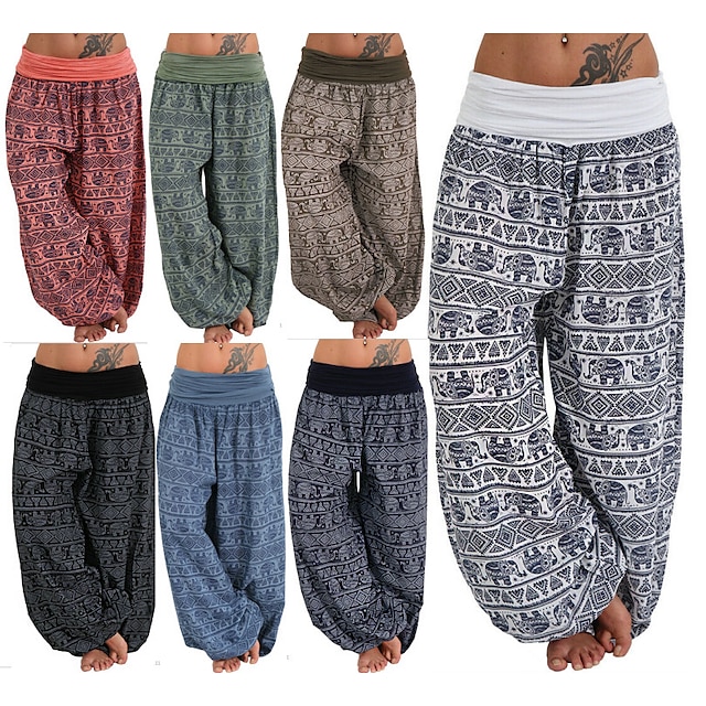  Women‘s Harem Pants Wide Leg Fold Over Waist Palazzo Bohemia Zumba Belly Dance Yoga Bloomers Bottoms Elephant Hippie Boho Navy ArmyGreen White Plus Size Sports Activewear