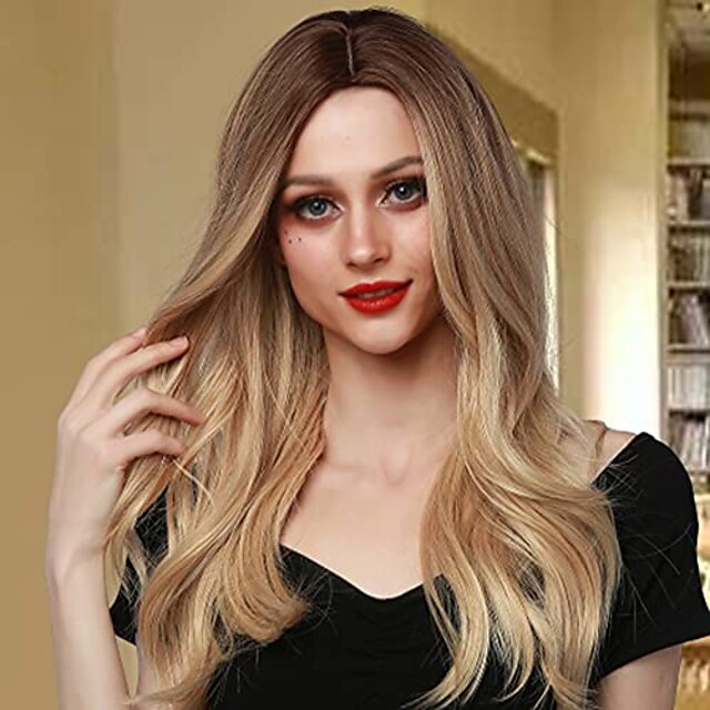  lang blond parykk for kvinner naturlig bølget syntetisk ombre parykker mellomdel varmebestandig fiberhår til daglig festbruk cosplay (brun gradientblond)