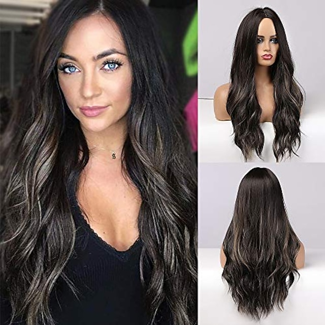 Inkach Long Curly Cosplay Wigs for Black Women Wavy Full Hair Wig with Side Bangs Hairpiece Heat Resistant Costume Party Synthetic Wig Brown 