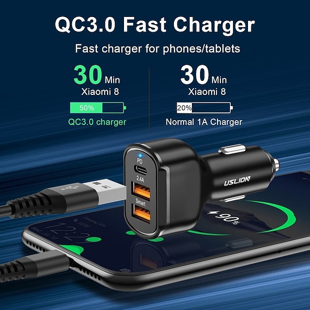  USLION PD 30W USB Car Charger 3 Ports USB Type C Fast Charge For iPhone 12 Xiaomi Huawei Samsung Phone Charger Adapter in Car