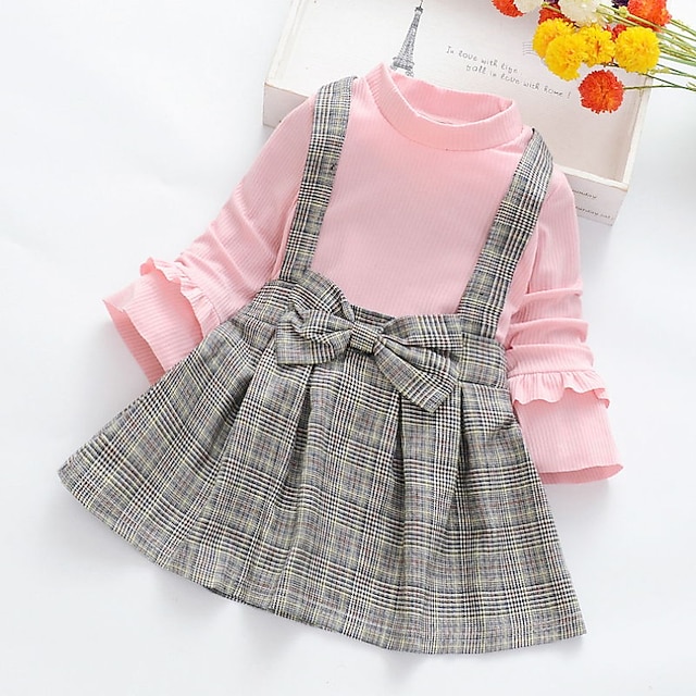 Baby & Kids Girls Clothing | Kids Girls T-shirt & Skirt 2 Pieces Long Sleeve Black Pink Yellow Plaid Bow Cotton Daily Active Swe