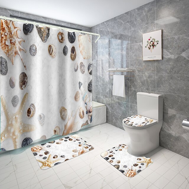 Home & Garden Bath Accessories | Beach Shell Plant Series Digital Printing Four-piece Set Shower Curtains and Hooks Modern Polye