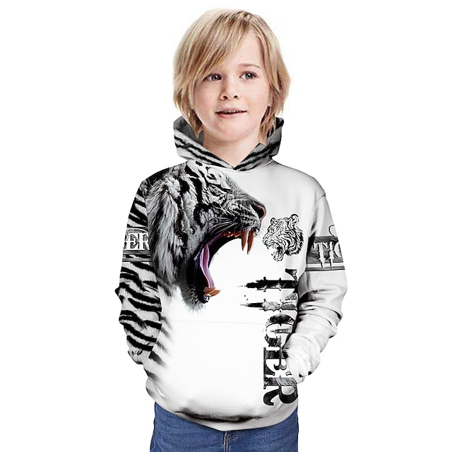 Baby & Kids Boys Clothing | Kids Boys Hoodie Long Sleeve White Gray Khaki 3D Print Tiger Letter Animal Pocket Outdoor Active 4-1