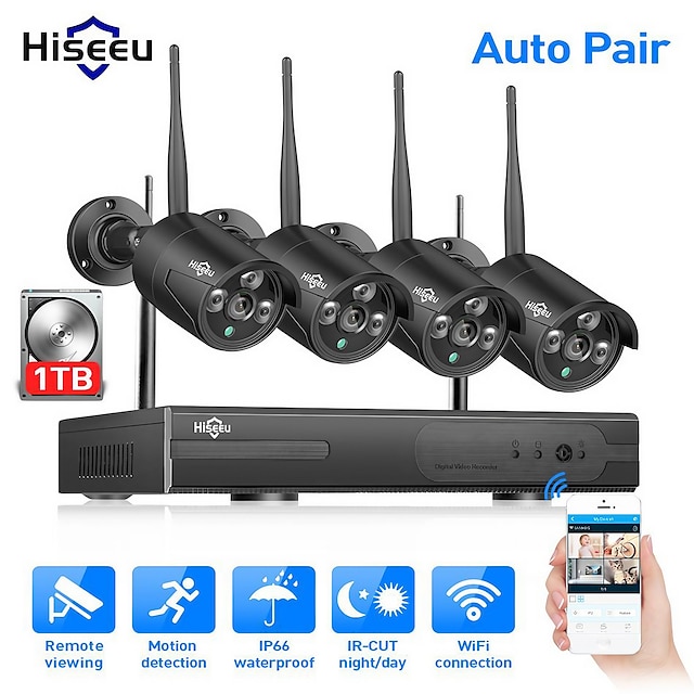  Hiseeu Wireless NVR 4CH CCTV System 3MP Indoor Outdoor Security Camera System With 4P 960P WiFi Cameras IP66 Waterproof With Audio Mobile&PC Remote Night Vision Survilliance 1TB 3TB Hard Drive