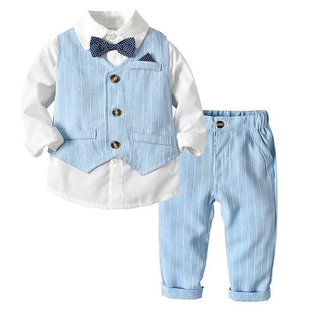  Ensemble chemise et pantalon pour enfants garçons 2 pièces à manches longues en coton imprimé à rayures fête date de l'école costume de base1-6 ans