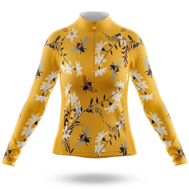  21Grams Women's Cycling Jersey Long Sleeve Bike Top with 3 Rear Pockets Mountain Bike MTB Road Bike Cycling Breathable Moisture Wicking Quick Dry Reflective Strips Yellow 3D Floral Botanical Sports