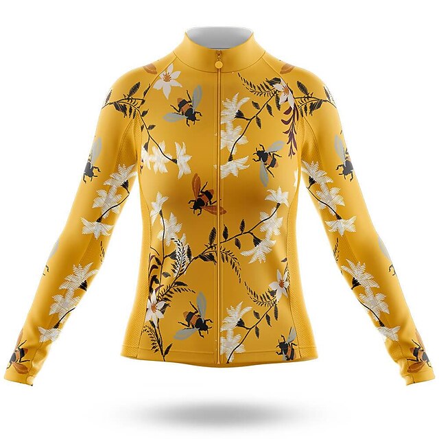Women's Cycling Jersey Bee 3D Floral Botanical Long Sleeve Bike Jersey Top with 3 Rear Pockets Mountain Bike MTB Road Bike Cycling Quick Dry Reflective Strips Back Pocket Moisture Wicking Sports3