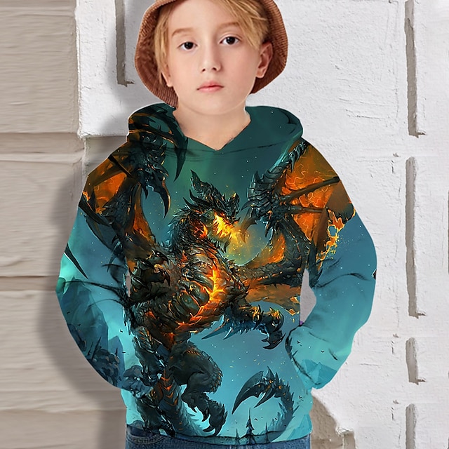  Дети Мальчики Толстовка Длинный рукав 3D печать Мультипликация Дракон Животное Светло-синий Дети Верхушки Осень Активный Повседневные Стандартный 4-12 лет