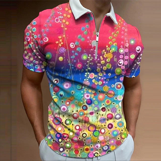 Men's Floral Hawaiian Polo Shirts Golf Shirt Short Sleeve Polo Shirts Collared Shirts Casual Beach Wear Vacation Wear Tropical Wear Party Outfits 3D Print Quarter Zip Polo Yellow Pink Red 6