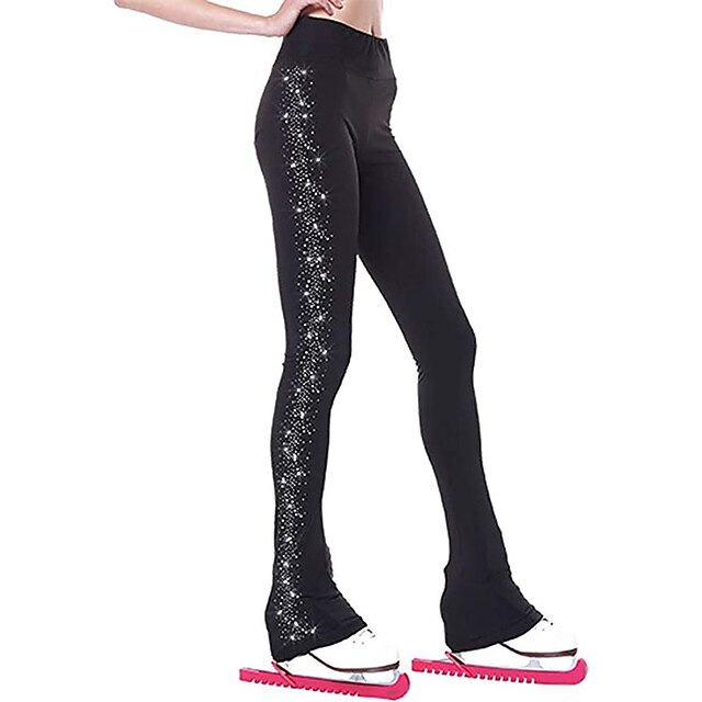  フィギュアスケート パンツ 女性用 女の子 アイススケート レギンス セット ボトムズ ブラック パッチワーク スパンデックス 高弾性 訓練 競技大会 スケートウェア 手作り クリスタル・ラインストーン フィギュアスケート