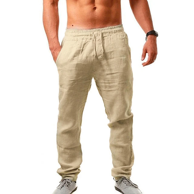 Men's Linen Pants Trousers Summer Pants Beach Pants Drawstring Plain ...