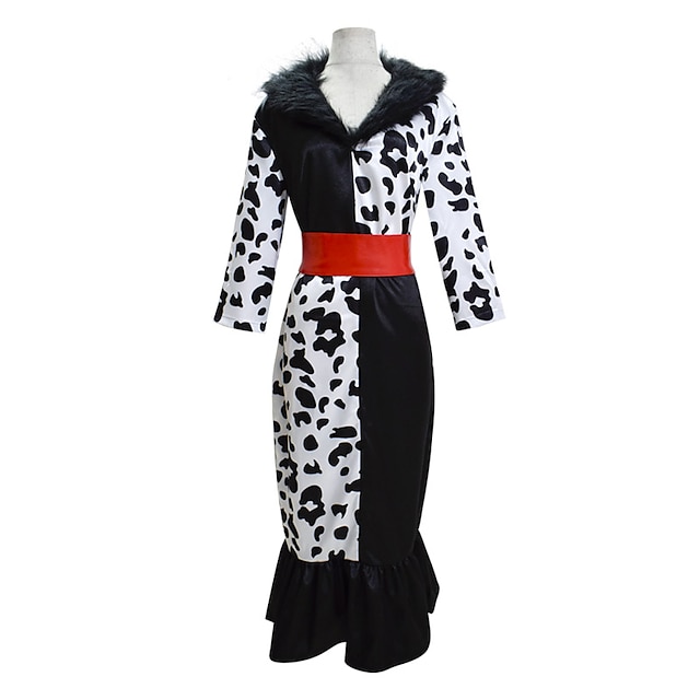  Hundert und ein Dalmatiner Cruella De Vil Kleid Cosplay Kostüm Maskerade Damen Film Cosplay Urlaub Schwarz Karneval Maskerade Kleid 1 Gürtel