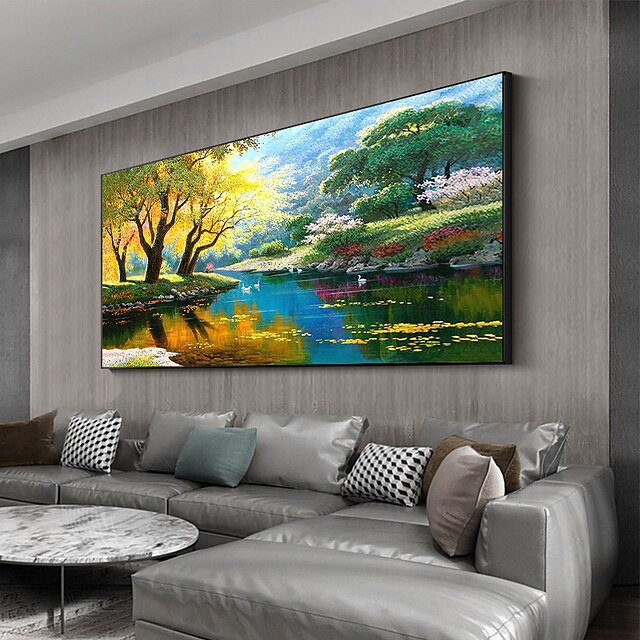 Home & Garden Wall Art | Oil Painting 100% Handmade Hand Painted Wall Art On Canvas Realistic Landscape Green Lakeview Home Deco