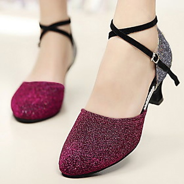  Women's Modern Shoes Ballroom Shoes Training Heel Glitter Splicing Thick Heel Silver Gold Red