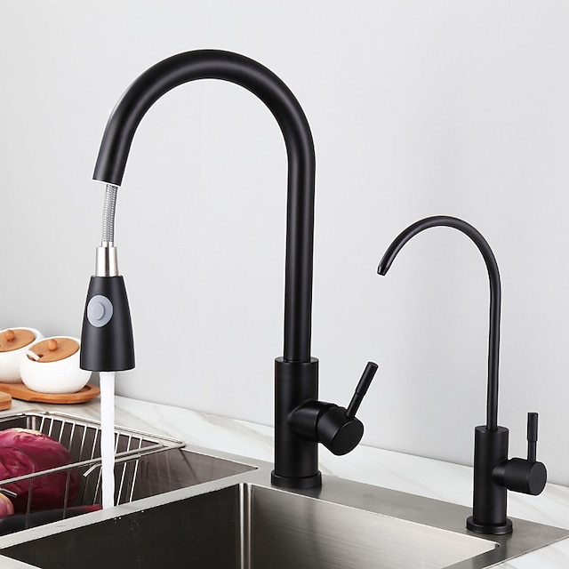  Kitchen Sink Mixer Faucet with Pull Out Spray Deck Mounted, 304 Stainless Steel 360 Rotatable Kitchen Vessel Taps for Vegetable Washing Basin Black Brushed Nickel