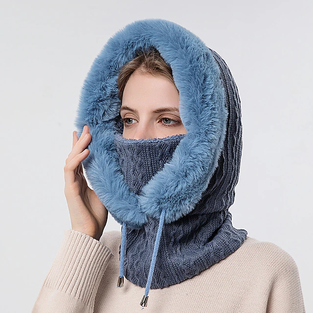 High Quality Winter Fur Cap Mask Set Hooded for Women Knitted Cashmere ...