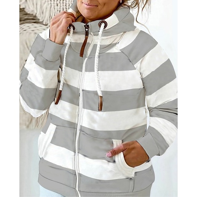 Womens Clothing Plus Size Collection | Womens Plus Size Tops Hoodie Sweatshirt Striped Zipper Pocket Long Sleeve High Neck Stree