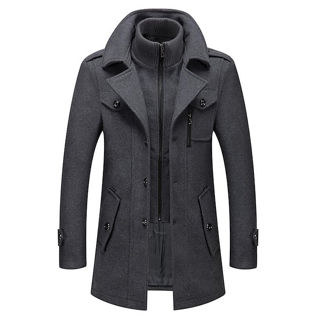  Homens Casaco de inverno Casaco de lã Casaco O negócio Casual Primavera Inverno Outono Lã A Prova de Vento Quente agasalhos Roupa Ativo Chique & Moderno Cor Sólida Gola Enrolada