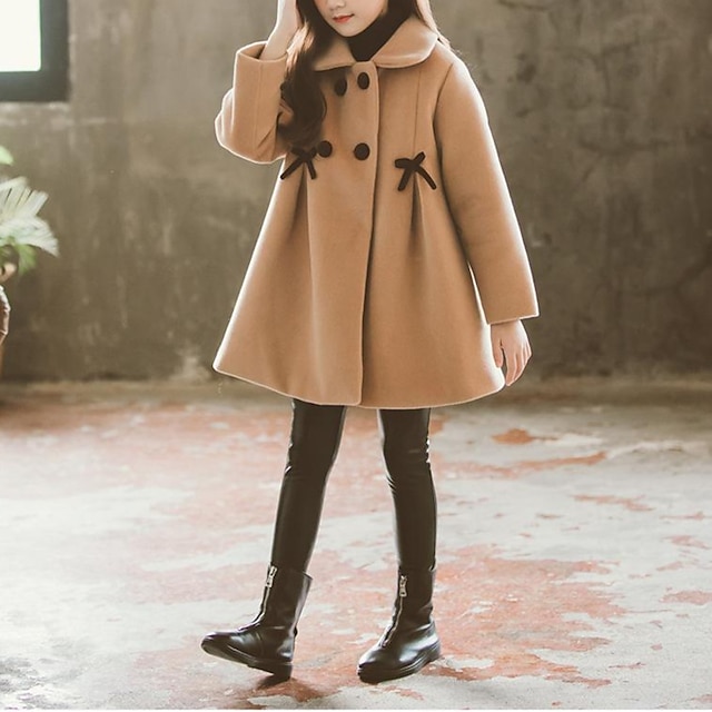 Kids Girls Wool Coat Double Breasted Lapel Pink Khaki Bow Fall Winter   Nvjkwk1631105658670 