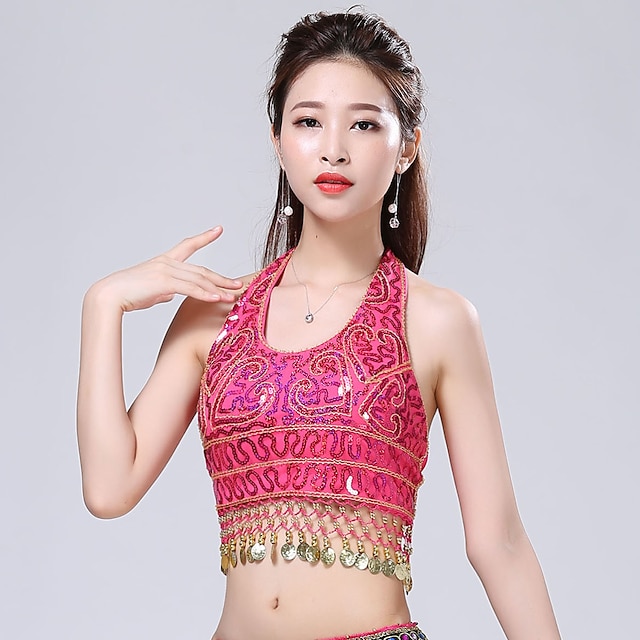  Belly Dance Top Tassel Solid Splicing Women's Training Performance Sleeveless High Polyester