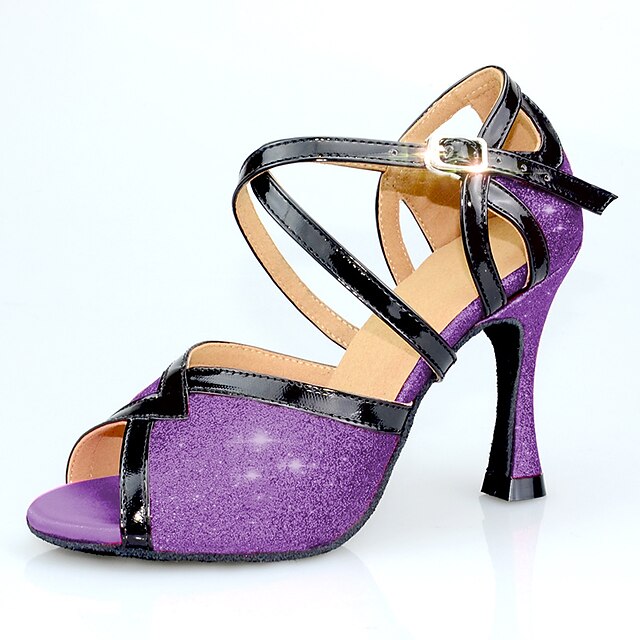  Women's Latin Shoes Party Training Practice Sparkling Shoes Heel Buckle Glitter Sequin Flared Heel Cross Strap Fuchsia