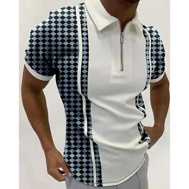 Men's Collar Polo Shirt Golf Shirt Letter Striped Tartan Standing Collar White Other Prints Going out golf shirts Short Sleeve Clothing Apparel Designer Punk & Gothic / Slim