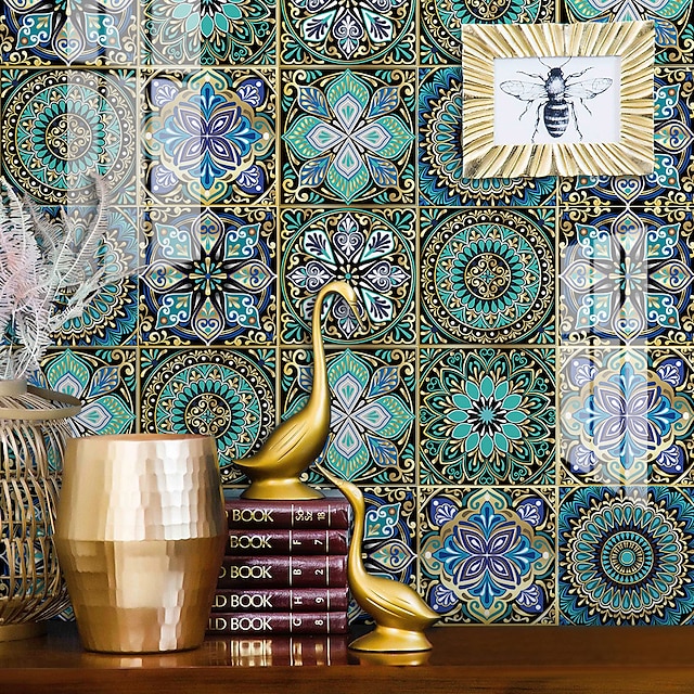 12PCS European-style Thickened Tile Self-adhesive Paper Dream Blue Kitchen Oil-proof And Waterproof Removable Wall Stickers 10