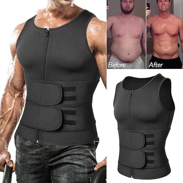 Men Neoprene Sauna Zipper Waist Trainer Vest Tank Top Trimmer Body Shaper with Two Belt Sauna Suit Sweat Vest Slimming Underwear Weight Loss Shirt Fat Burner Tank Tops Shapewear2