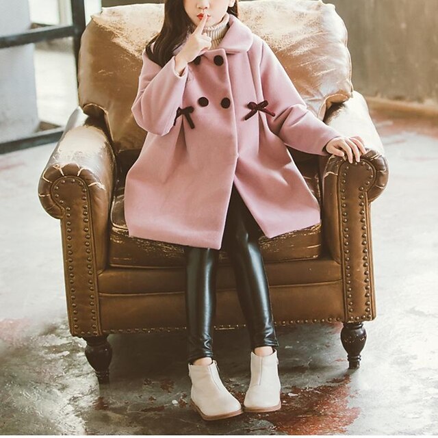 Kids Girls Wool Coat Double Breasted Lapel Pink Khaki Bow Fall Winter   Qezhgb1631105664271 