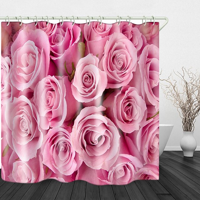 Pink Rose Printed Waterproof Fabric, Pink Rose Shower Curtain Hooks